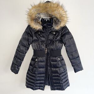 Laundry by Shelli Segal Black Down Feathers Puffer Coat Size XS Faux Fur Hooded